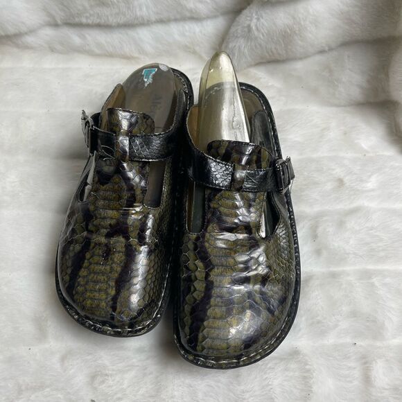 Alegria leather olive green and black snake skin print clogs side buckle… - Picture 1 of 9